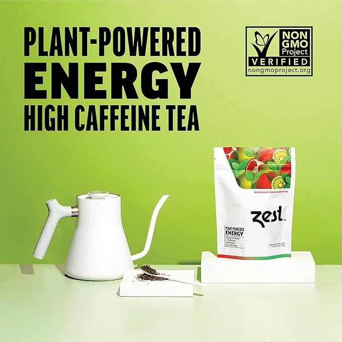 Zest Energy Green Tea - Pomegranate Mojito Loose Leaf Blend - High Caffeine Peppermint - Caffeinated Coffee Substitute - Natural, Non-GMO & Keto Friendly - Hot or Iced - 50 Servings - 135mg Caf