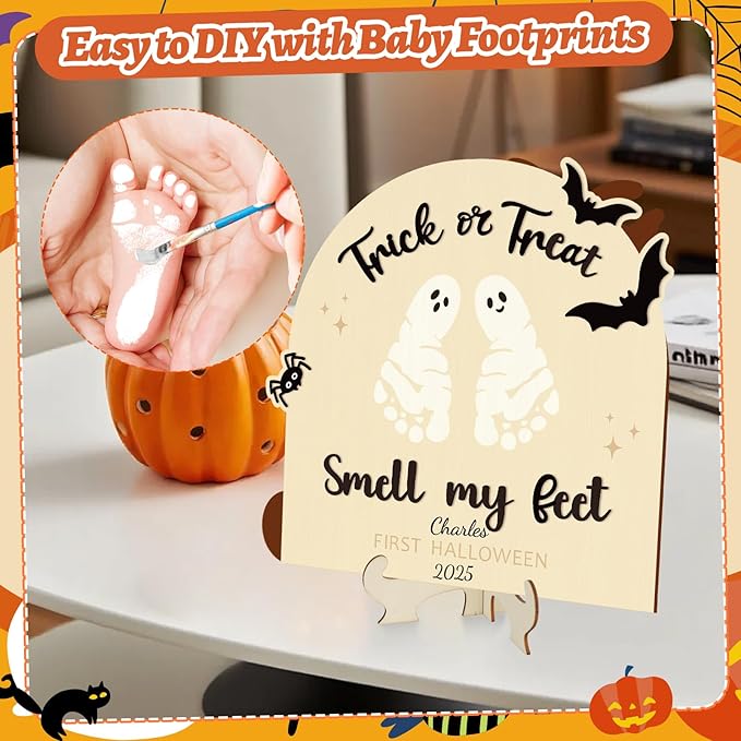 Sereliy Baby's First Halloween DIY Footprint Art Card, Wooden Halloween Baby Sign Keepsake Ornaments for Baby Shower Newborn Photoshoot Prop (Trick)