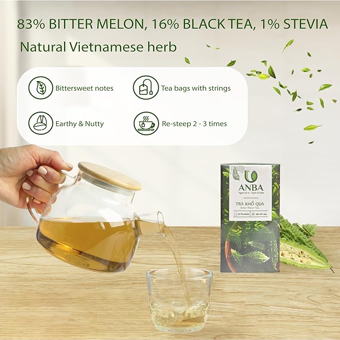 ANBA Bitter Melon Tea Bags, Black Tea & Stevia Herbal Blend, 20 Count | Caffeine-Free | No Sugar Added | Authentic Herbal Tea | ISO HACCP Certified