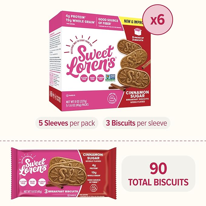 Sweet Loren's Vegan Breakfast Biscuits | Cinnamon Sugar | 4g Protein, 19g Whole Grains | Plant Based, Gluten Free, Dairy Free, Nut Free Snacks | 6 Pack (30 Total Biscuits, 1.6 ounce each)
