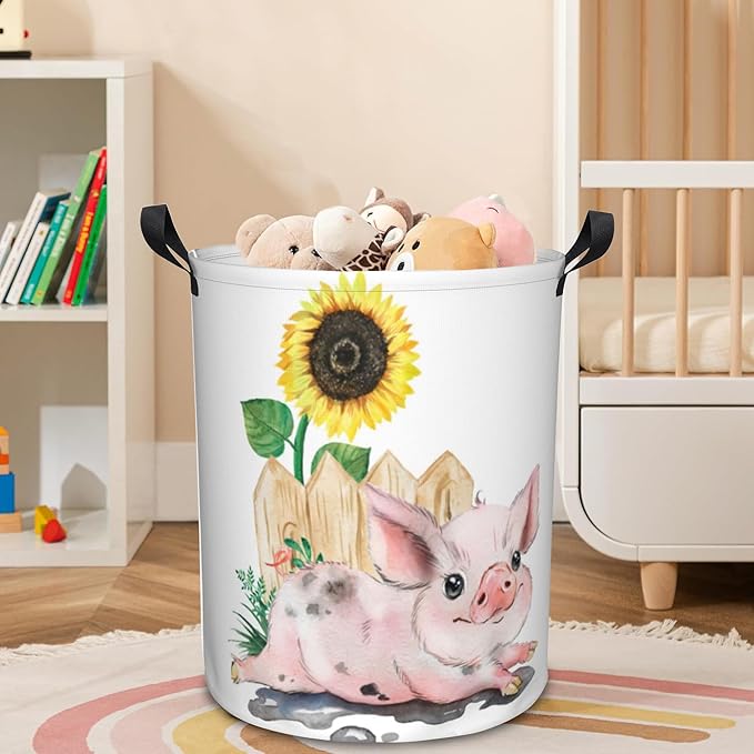 Laundry Basket Cute Pig with Sunflower Laundry Hamper Large Laundry Basket Storage Basket Tote Bag Collapsible Organizer Basket for Bathroom,Laundry,Bedroom 17.3 x16.5 Inch