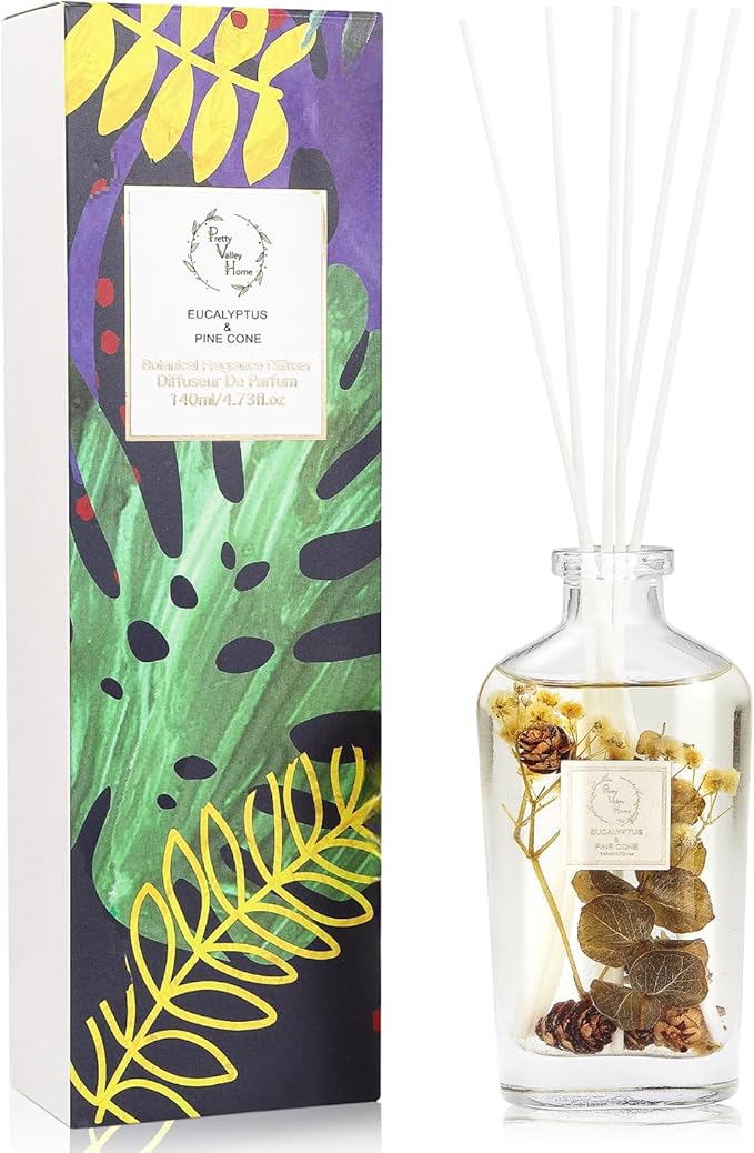 Reed Diffuser Set, Pretty Valley Home Diffuser 140Ml / 4.73 fl OZ Gift Box - Includes Reed Diffuser Sticks, Long Lasting Fragrance Oil and Glass Bottle for Office Living Room Decor (Eucalyptus)