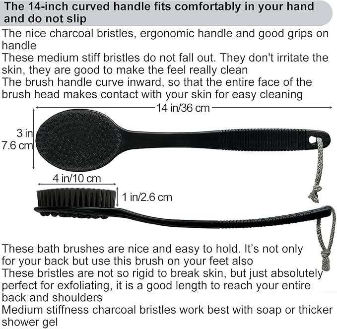 Back Bath Brush - Curved Long Handle Shower Brush with Medium Stiff Charcoal Bristles for Cleaning and Exfoliating Body, Back Scrubber for Men & Women (Black 2 Pack)