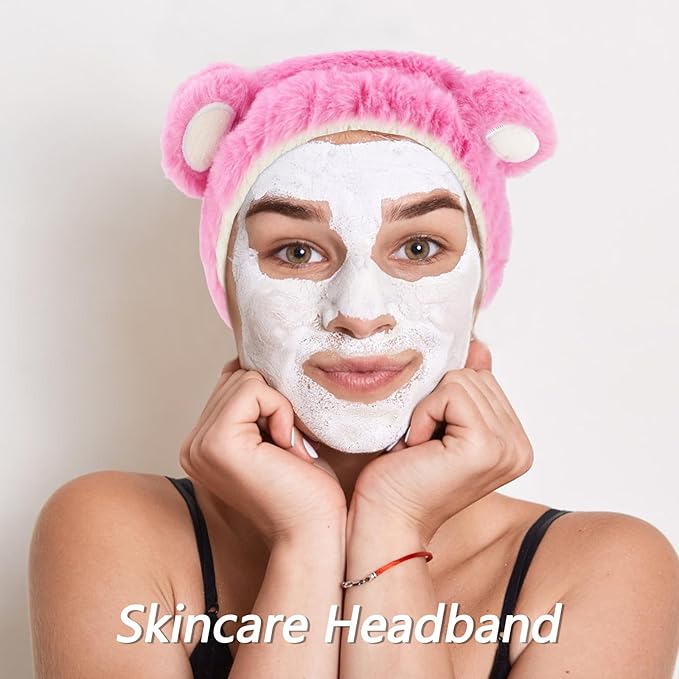 VELSCRUN Spa Headband, Makeup Face Wash Skincare Headbands, 5 Pcs Sponge Get Ready Bear Ears Hairband Facial Wristband Hair Clip Set, Stuff for Teen Girls Women Trendy Fashion Hair Accessories Pink