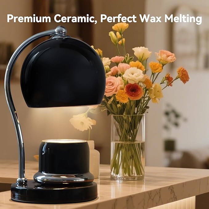 Ceramic Dimmable Candle Warmer Lamp with Timer Fit for Medium Size Candle Jars, Aesthetic Design with 2 Bulbs, House Warming Gifts, New Home Decor, Mother's Day, Birthday Gifts (Black)