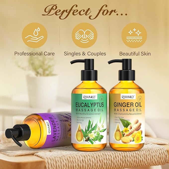 3 Pack Massage Oil for Massage Therapy,Ginger for Lymphatic Drainage, Lavender for Relaxation, Eucalyptus Mint for Muscle Relief | Massage Therapy & Date Night Spa Gift with Massage Ball for Him & Her