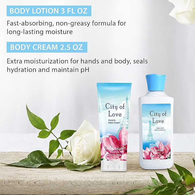 Bath & Body Kit, 3 Fl Oz, Ideal Skincare Gift Home Spa Set, Includes Body Lotion, Shower Gel, Body Cream, and Fragrance Mist, Birthday Mother's Valentine's Day Gifts(City of Love)