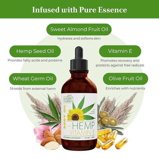 Natural Therapy Hemp & Vitamin E Body Oil – Moisturizing Body Oil – Hydrate & Soften Skin – Increase Skin Elasticity and Provide Anti-Aging Support (4 Fl.Oz)