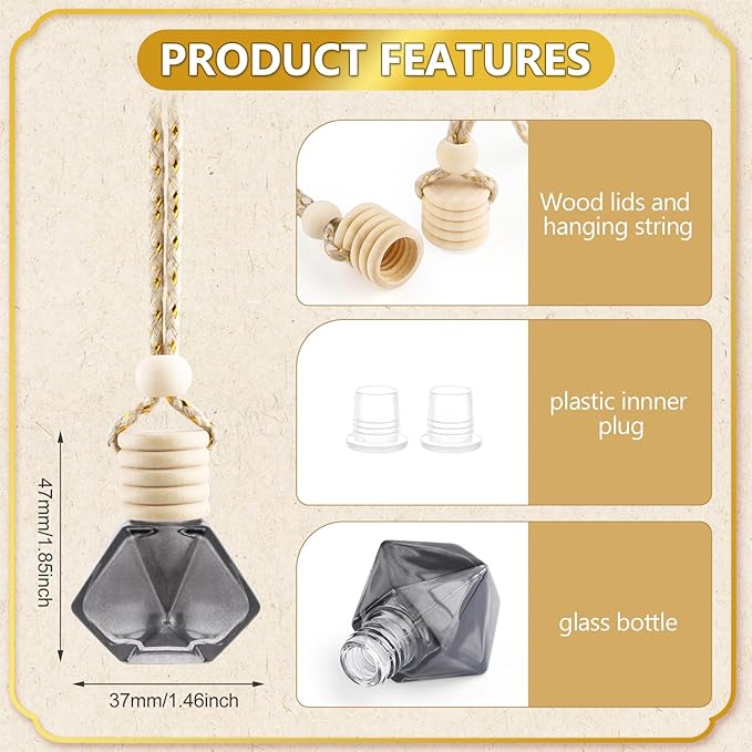 20 Pack Black Hanging Car Air Freshener Bottle Empty Car Essential Oil Diffuser Bottles Pendant Black Glass Perfume Bottles Aromatherapy Fragrance Bottle Auto Ornaments Decor (diamond)