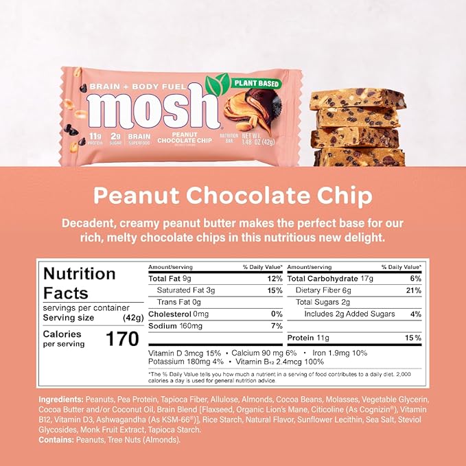MOSH Peanut Chocolate Chip Vegan Protein Bars, Plant Based, Keto, Gluten Free, Brain Healthy Snack with Cognizin, Ashwagandha and Lion's Mane, 12 Count
