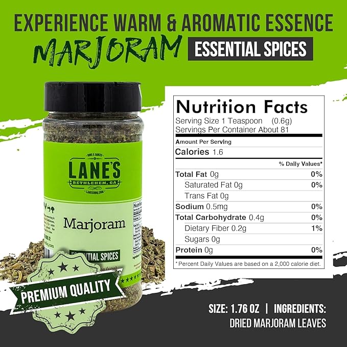Lane's Dried Marjoram Spice, All-Natural Marjoram Dried Leaves for Meats, Vegetables, and Sauces Marjorams Leaves, Made in USA, 1.76 Oz