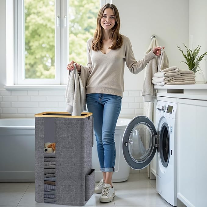 Laundry Basket Clothes Hamper with Lid and Pocket Large Collapsible Laundry Baskets with Handle, Freestanding Hampers for Bedroom Aesthetic, Dorm, Bathroom, Laundry Room (100L,Light Grey)