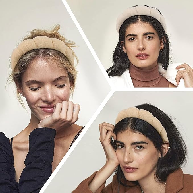 AMCAMI 2 PCS Puffy Spa Headband for Women Sponge Headbands for Girls Terry Towel Cloth Fabric Head Band for Skincare, Makeup Removal(Beige&Light coffee)