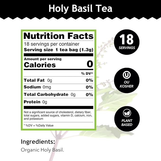 Buddha Teas - Holy Basil - Organic Herbal Tea - For Cognitive Balance & Overall Health - Ayurvedic Tulsi - With Antioxidants - Caffeine Free - 100% Kosher & Non-GMO - 18 Tea Bags (Pack of 1)