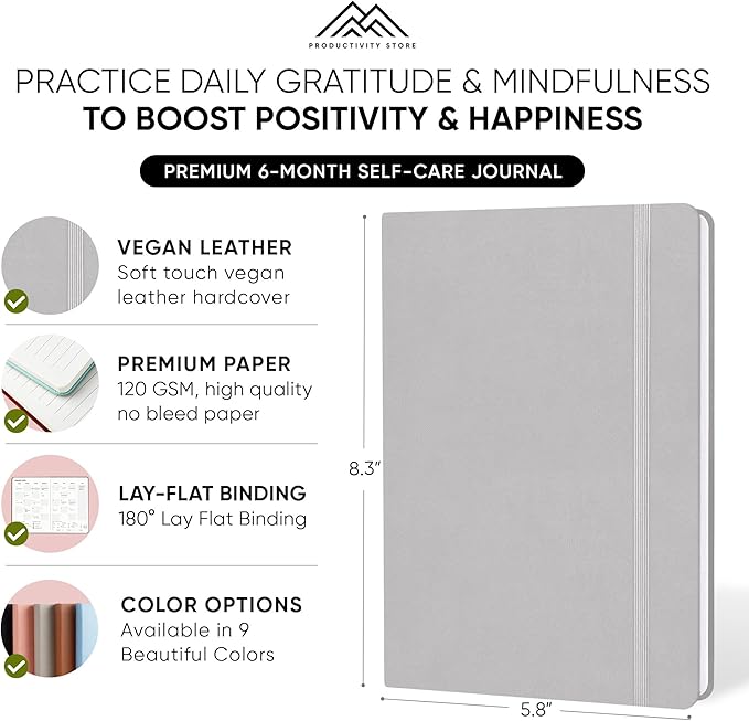 PRODUCTIVITY STORE Gratitude Journal & Self Care Journal - Guided Journal, Mindfulness Journal & Mental Health Journal All-In-One - Premium Daily Journal For Women & Men - A5 5.8" x 8.3" - Grey