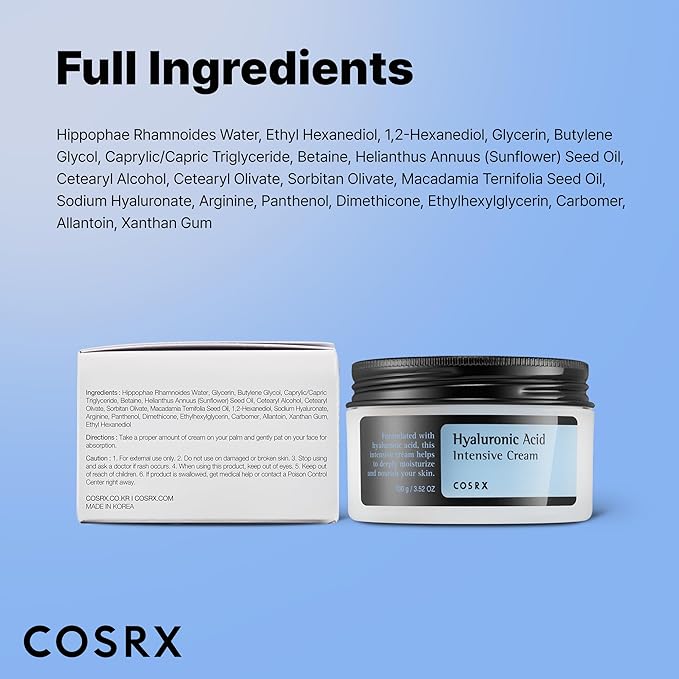 COSRX Hyaluronic Acid Moisturizing Cream, Long-lasting Hydration, Rich Moisturizer for Sensitive Skin 3.52 oz / 100g, Korean Skin Care, Animal Testing Free, Parabens Free