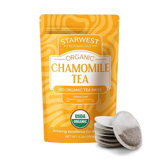 Starwest Botanicals Organic Chamomile Tea - Caffeine Free Herbal Tea, Supports Sleep & Relaxation, String Free Sachets, USDA Organic Chamomile, Non GMO - Bulk Pack, 100 Tea Bags
