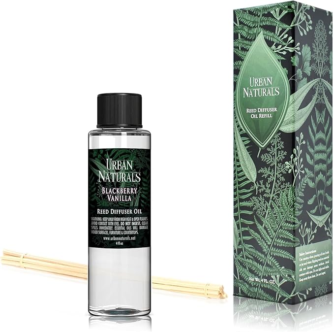 Urban Naturals Reed Diffuser Oil Refill, BlackBerry Vanilla Diffuser Oil with Blackberries, Vanilla, Patchouli, 4 oz + Free Reed Sticks, Made in The USA