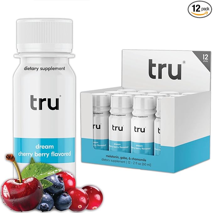 Tru Dream Shot, Extra Strength Sleep Supplement with Melatonin, GABA, Chamomile & Magnesium, Cherry Berry Flavored Wellness Drink, Gluten Free, Vegan, Caffeine & Sugar Free, 2 FL OZ Bottles, 12 Pack
