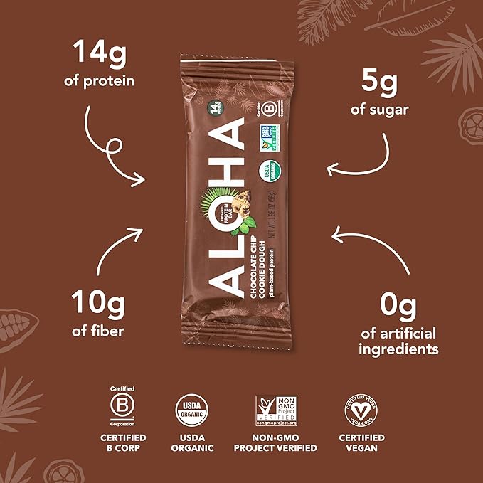 Aloha Organic Plant Based Protein Bars Chocolate Chip Cookie Dough, 1.98 Oz,(Pack of 12)