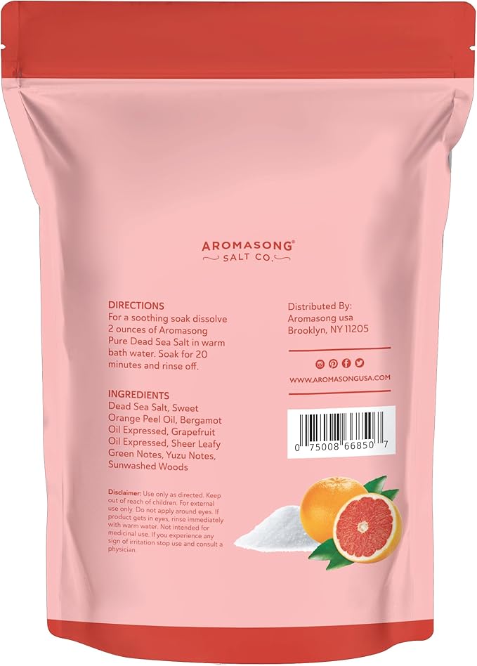 Aromasong Dead Sea Salt - Fine Grain Spa Salt Grapefruit Scent 14 Oz β 7 Uses Per Pack - Pure & Natural - Used for Body wash Scrub - Soak for Women & Men for Skin Issues and to Relax Tired Muscles