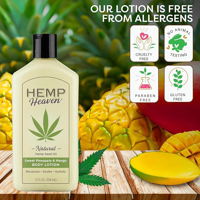 Hemp Heaven Lotion - Moisturizing Body Lotion with Natural Hemp Seed Oil & Pineapple & Mango Scent, 12 oz, Paraben-Free Hemp Lotion for Women & Men, Made in USA, Soothes & Nourishes
