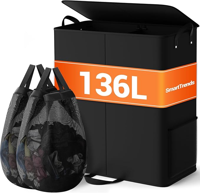 Large Double Laundry Hamper with Lid, Removable Bags & Reinforced Handles, 2 Section Tall Laundry Basket, Dirty Clothes Hampers for Laundry Room, Bedroom, Bathroom, Dorm, 136L, Black