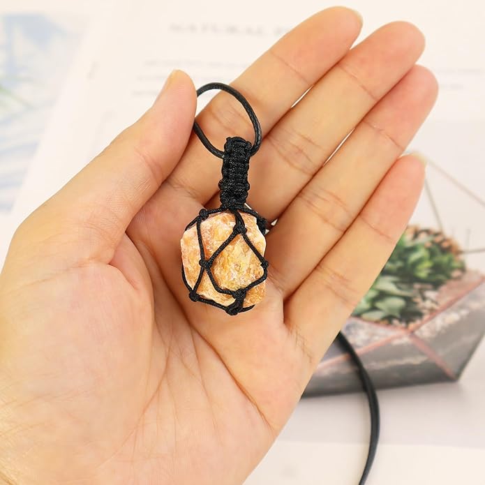 Handmade Natural Gemstone Crystal Pendant Necklace Stone Holder Necklace Cord Net Necklace with Adjustable Length for Women Men