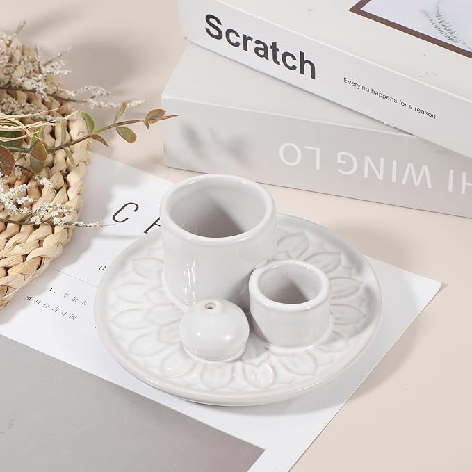 uxcell Incense Burner, 4 in 1 Ceramic Incense Holder Santo Holder Ash Catcher & Candle Holder Decorative Bowl for Meditation Stick Aromatherapy Yoga, White
