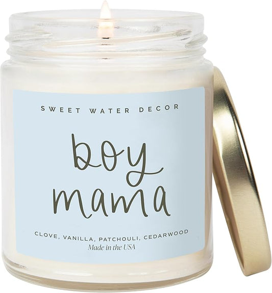Sweet Water Decor, Boy Mama Candle – Palo Santo, Patchouli, Lavender, Cedarwood, and Vanilla Scented Soy Wax Candle for Moms of Boys – 9oz Clear Jar with Gold Lid, 40+ Hour Burn Time, Made in The USA