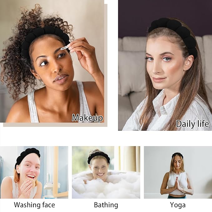 WHAVEL 3 Pack Spa Headband Skincare Headbands, Makeup Headband Sponge Terry Cloth Headbands Face Wash Headband Puffy Hair Band for Washing Face Women Girls (Black)