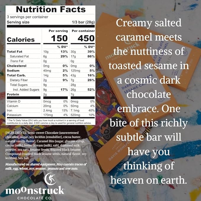 Moonstruck Chocolate Sesame Caramel Dark Chocolate Bar, 73% Cacao, 3.0oz (Pack of 12)