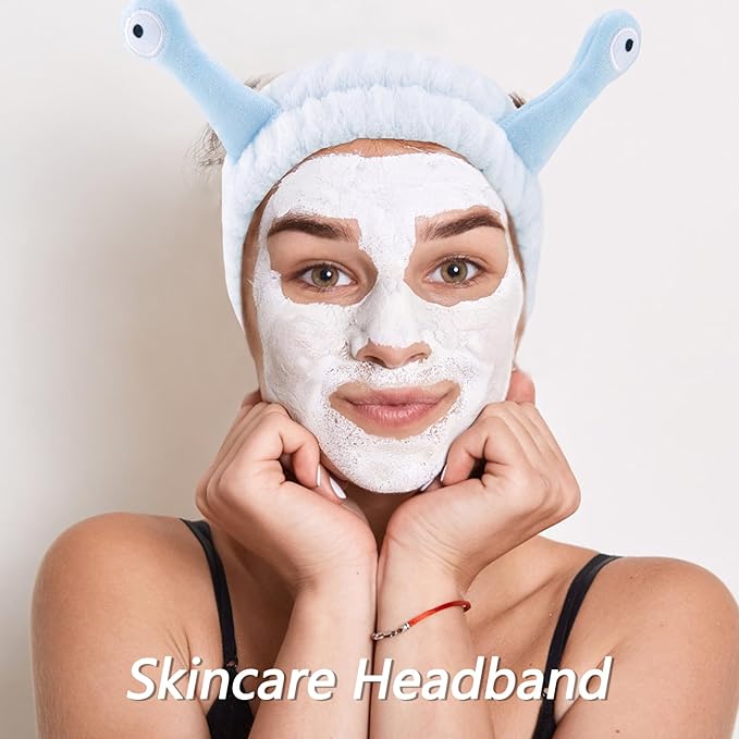 VELSCRUN Spa Headband, Makeup Face Wash Skincare Headbands, 5 Pcs Sponge Get Ready Snail Hairband Facial Wristband Hair Clip Set, Stuff for Teen Girls Women Trendy Hair Accessories Blue