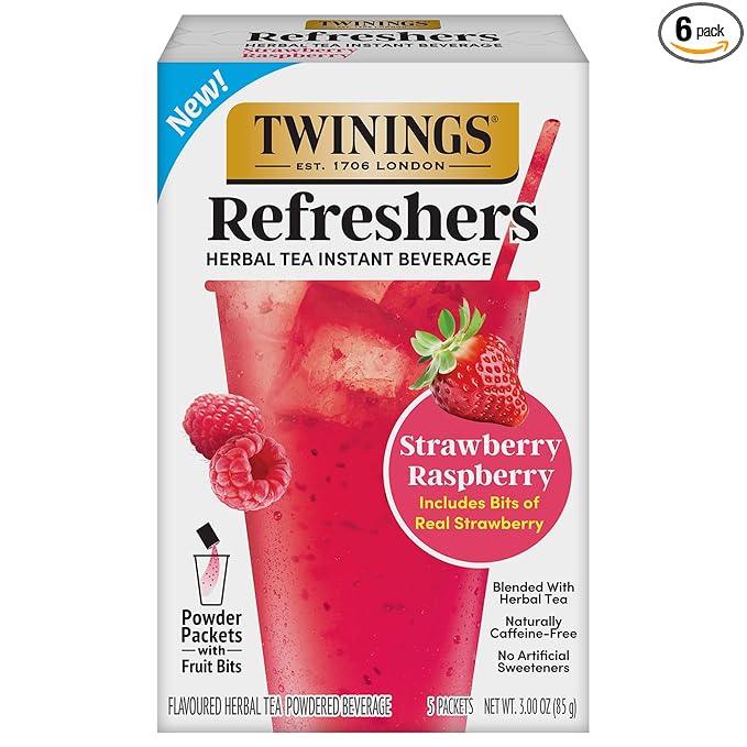 NEW Twinings Strawberry Raspberry Refreshers, Herbal Tea Instant Beverage with Real Strawberry Fruit Bits, 5 Count (Pack of 1), Café Style, No Artificial Sweeteners, Naturally Caffeine-Free, 5 Packets