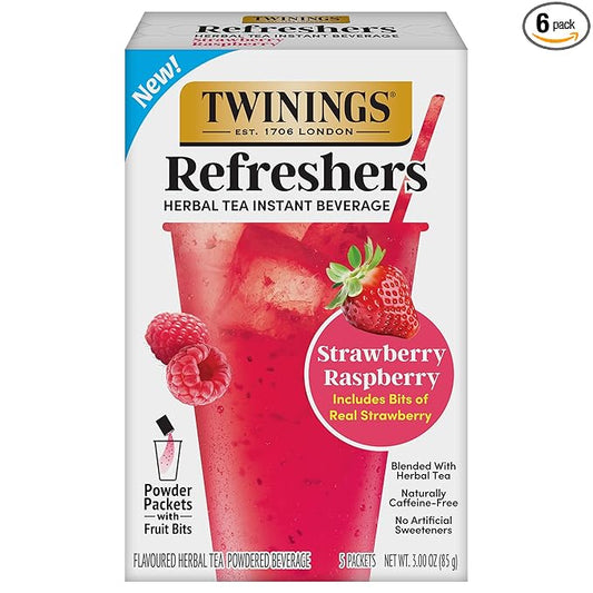 NEW Twinings Strawberry Raspberry Refreshers, Herbal Tea Instant Beverage with Real Strawberry Fruit Bits, 5 Count (Pack of 1), Café Style, No Artificial Sweeteners, Naturally Caffeine-Free, 5 Packets