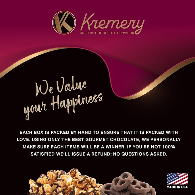 KREMERY Creamy Chocolate Cravings - Diwali Sweets Hamper Chocolate Covered Pretzels & Caramel Popcorn Gift Basket, in Seagrass Tray + Ribbon (Deluxe, 3.5 lbs) Food Arrangement