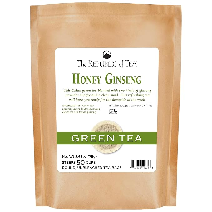 The Republic of Tea Honey Ginseng Green Tea, 50 Tea Bags, Relaxing Chinese Green Tea Gourmet Blend