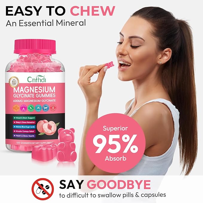 Magnesium Glycinate Gummies Sugar Free, High Absorption Magnesium Citrate with L-Threonate, Calcium, B6, D3, Chews Gummies, Relaxation, Stress Relief, Night Rest