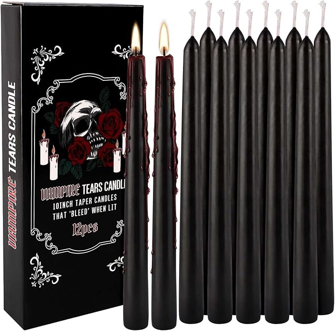 12PCS 10-Inch Black Bleeding Taper Candles,Vampire Tears Taper Candles- Unscented Ideal for Halloween, Christmas, Rituals, and Themed Party Decor