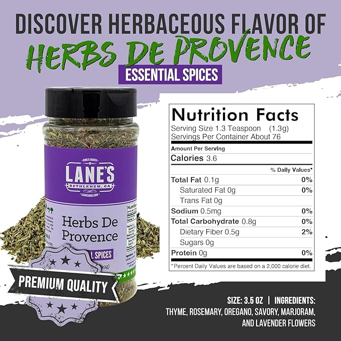Lane's Herbs De Provence Seasoning Spice, All-Natural Mediterranean Herb De Provence Seasoning For Meat, Veggies, Soups & Sauces, Made in USA, 3.5 oz