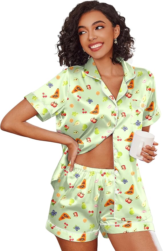 Ekouaer Silk Pajamas for Women Short Sleeve Sleepwear Soft Button Down Loungewear 2 Piece Satin Pjs Shorts Set S-XXL