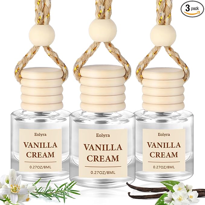 Hanging Car Air Freshener (Pack of 3) : Luxury Car Perfume for Women Men | Cute & Reusable Bottle with 45+ Days Long-Lasting Fragrance Oil Diffuser, Vanilla Cream