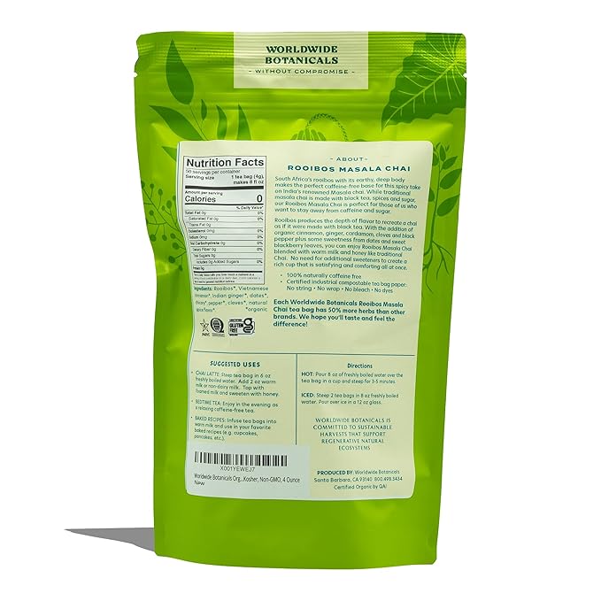 Worldwide Botanicals Rooibos Masala Chai Herbal Tea, 50 Tea Bags - Organic, Caffeine Free, Kosher, 50% More Herbs - 50 Tagless Eco-Friendly Tea-Bags