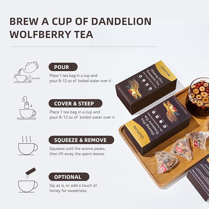 Ginseng Five Treasures Kidney Tea, Traditional Chinese Herbal TeaBags, Natural Kidney Cleanse Detox Tea for Women & Men, 7 Precious Ingredients Formula Chinese Herbal Tea (1 Pack, Ginseng)