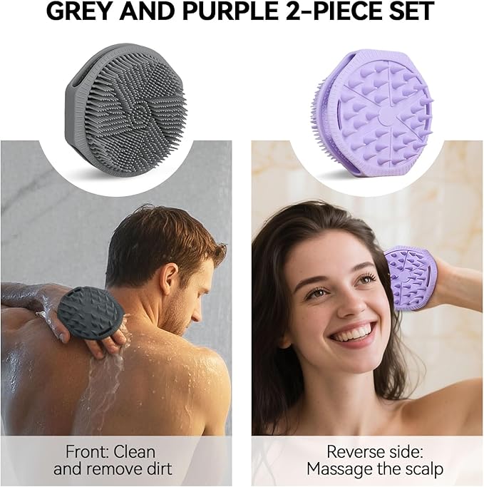 2-Pack Soft Silicone Dual-Sided Body Scrubber & Loofah | Gentle Exfoliating Shower Brush for Men & Women | Creates Rich Lather, Easy to Clean (Gray & Purple)