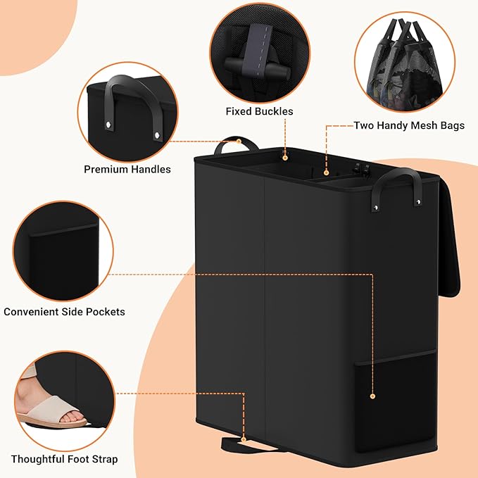 Large Double Laundry Hamper with Lid, Removable Bags & Reinforced Handles, 2 Section Tall Laundry Basket, Dirty Clothes Hampers for Laundry Room, Bedroom, Bathroom, Dorm, 155L, Black