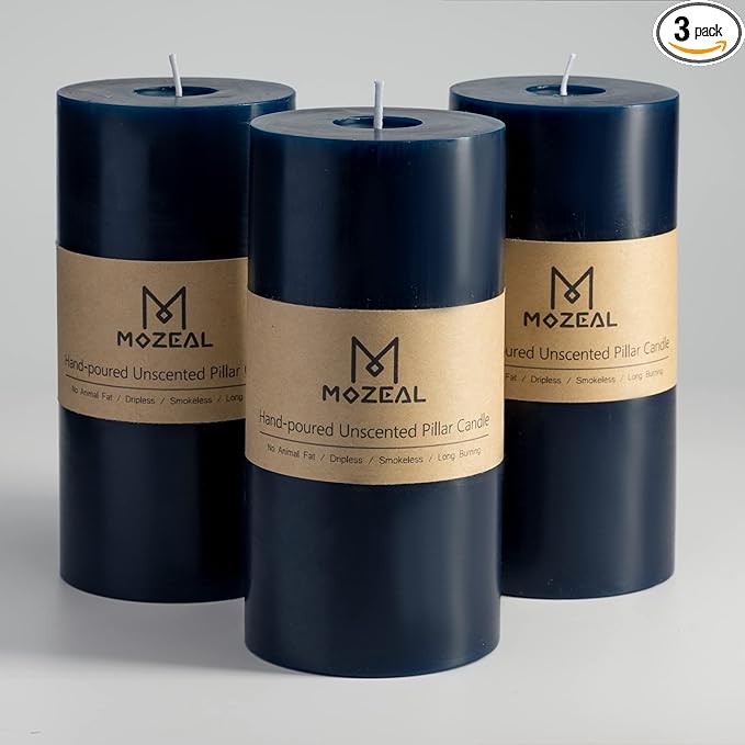 MOZEAL 3" x 6" Hand-Poured Unscented Candle,Dripless Pillar Candle Set of 3,Long Lasting Burning,Approx 120 Hours Burn Time,Rustic Country Style,for Wedding,Dinner,Christmas and Home Decor,Navy Blue