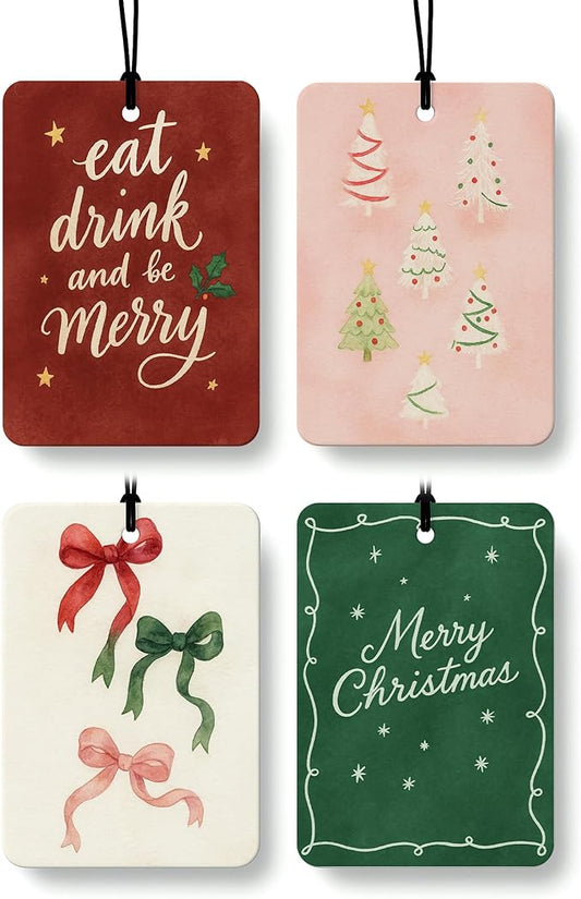 Red and Green Christmas Berry Car Air Freshener 4 Pcs, Retro Coquette Bow Xmas Tree Hanging Air Freshener for Cars Closet Drawer Books, Girly Christmas Car Accessories Mirror Decor for Women