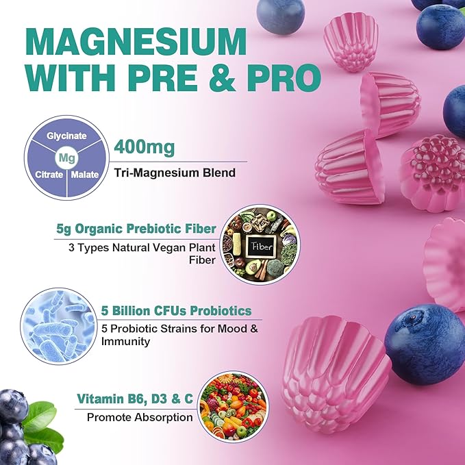 Magnesium Complex Gummies 400 mg for Women Men, Triple Calm Magnesium Glycinate Malate Citrate w/Prebiotics & Probiotics, Vitamin B6 D3, Chelated Magnesium Supplement Gummy - Vegan, Sugar Free, 120Ct