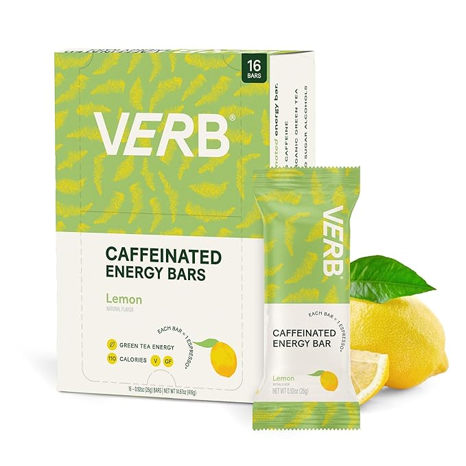 Verb Caffeinated Energy Bars Lemon (26g, Pack of 16) 110-Calorie Delicious Low Sugar Energy Bar - Vegan Gluten Free On-the Go Snack with 80mg Green Tea Caffeine, Only Real-Food Ingredients